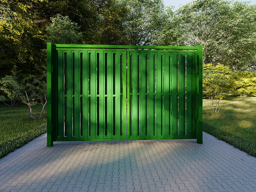 Распашные ворота шахматный порядок (3-4 м , штакетник через 6 см) в рамке