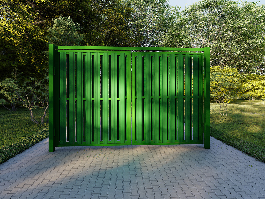 Распашные ворота шахматный порядок (3-4 м , штакетник через 6 см) в рамке