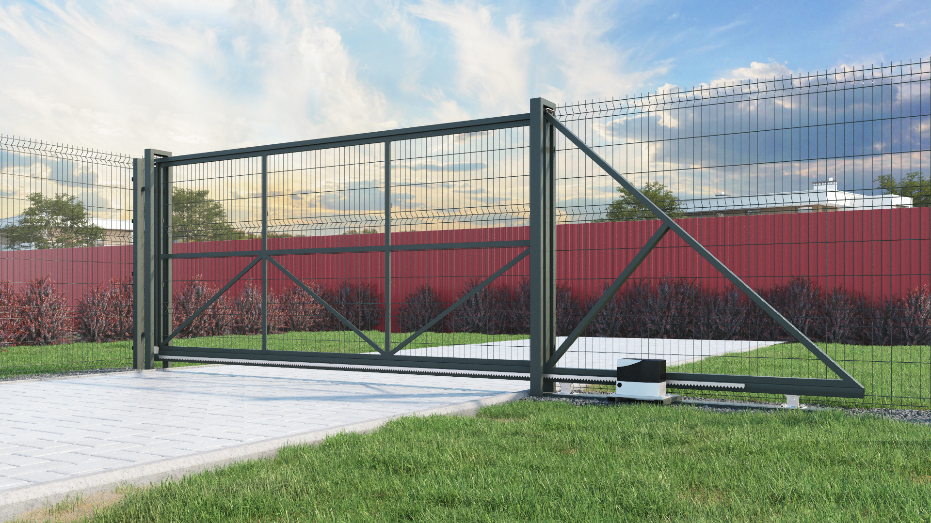 Автоматические откатные ворота с зашивкой 3Д сеткой