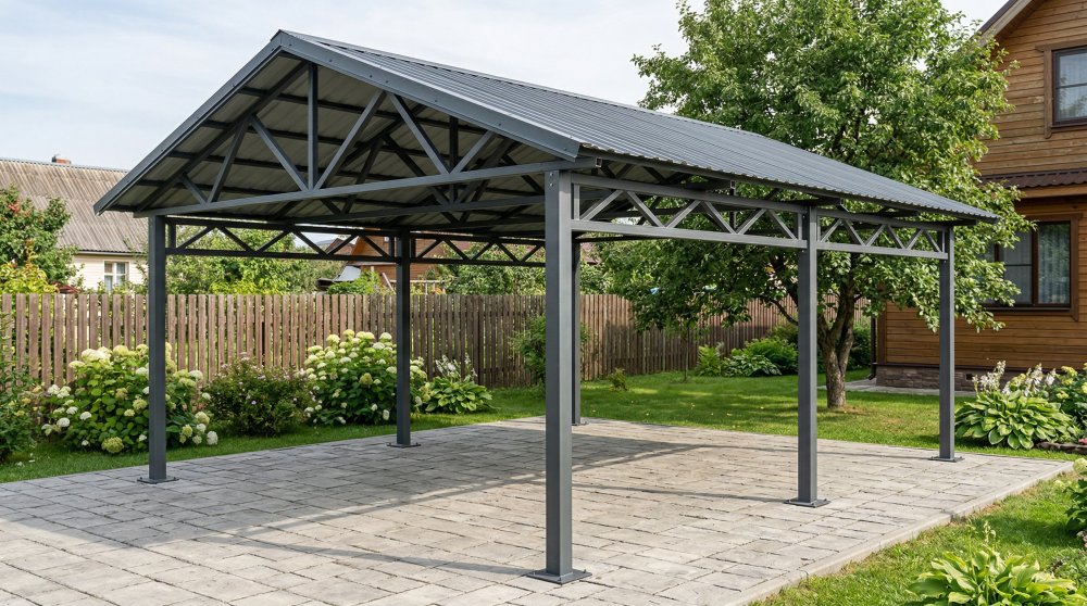 Двухскатный автомобильный навес 4х6 м 
с металлочерепицей Монтерей 
в порошковом покрытии RAL 7024 
на участке в Ленинградской области