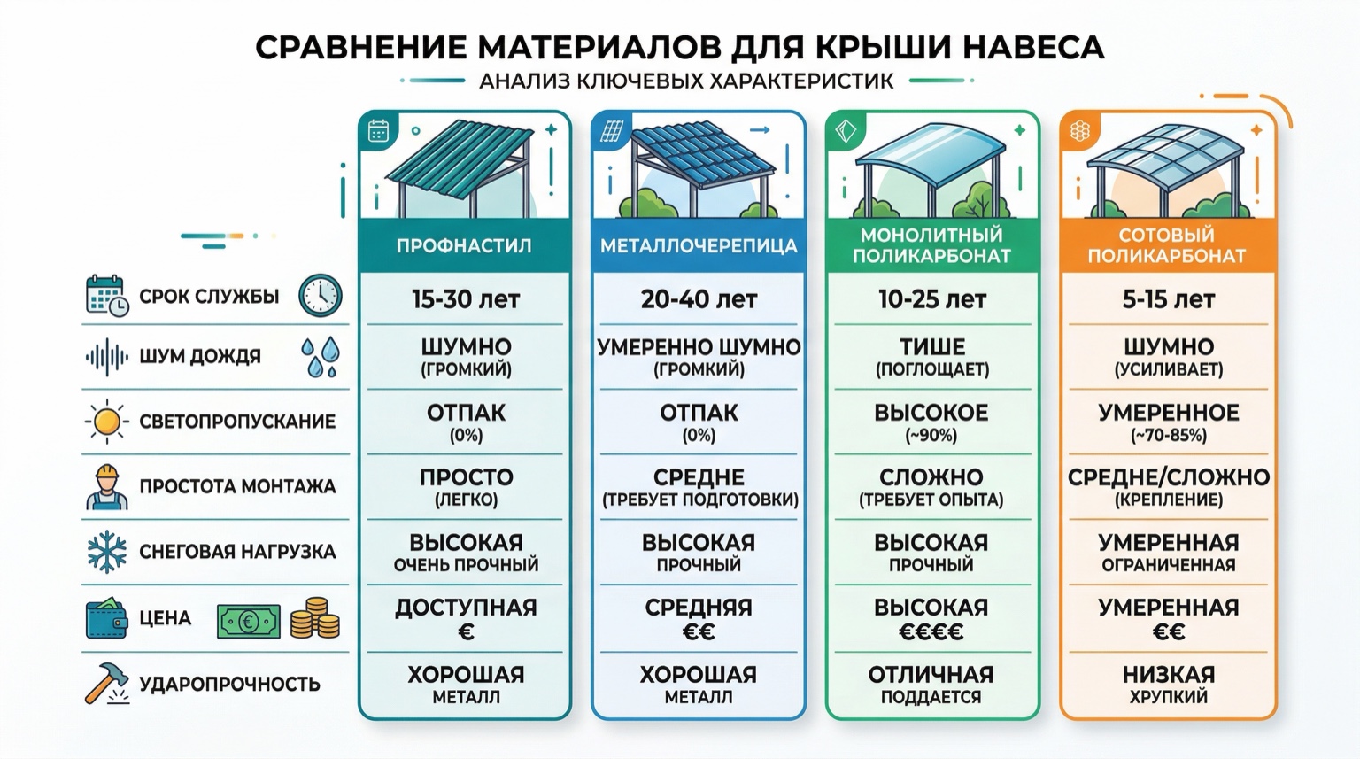 Крыша для автонавеса: сравнение профнастила, металлочерепицы, монолитного и сотового поликарбоната