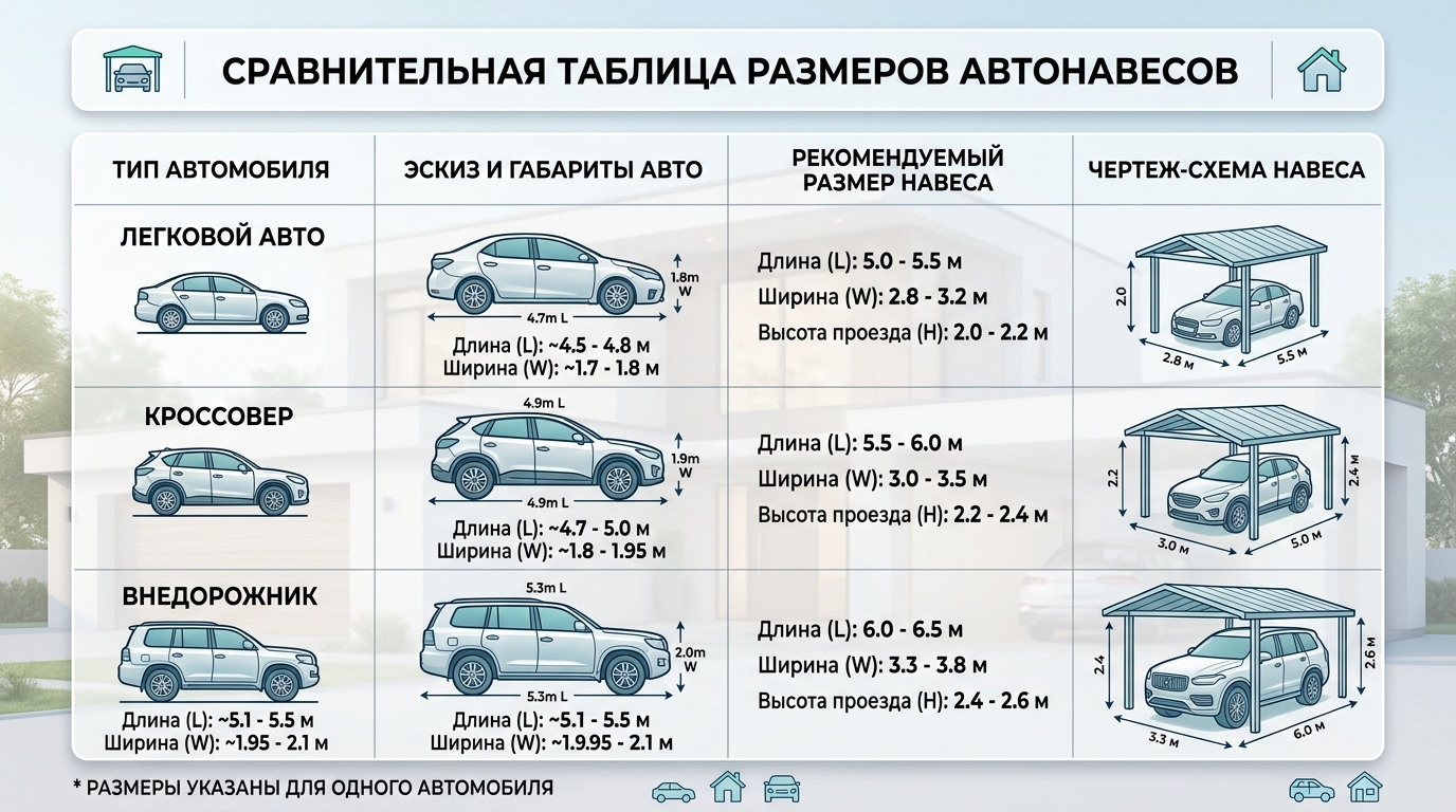 Оптимальные размеры автонавеса на одну машину для частного дома
